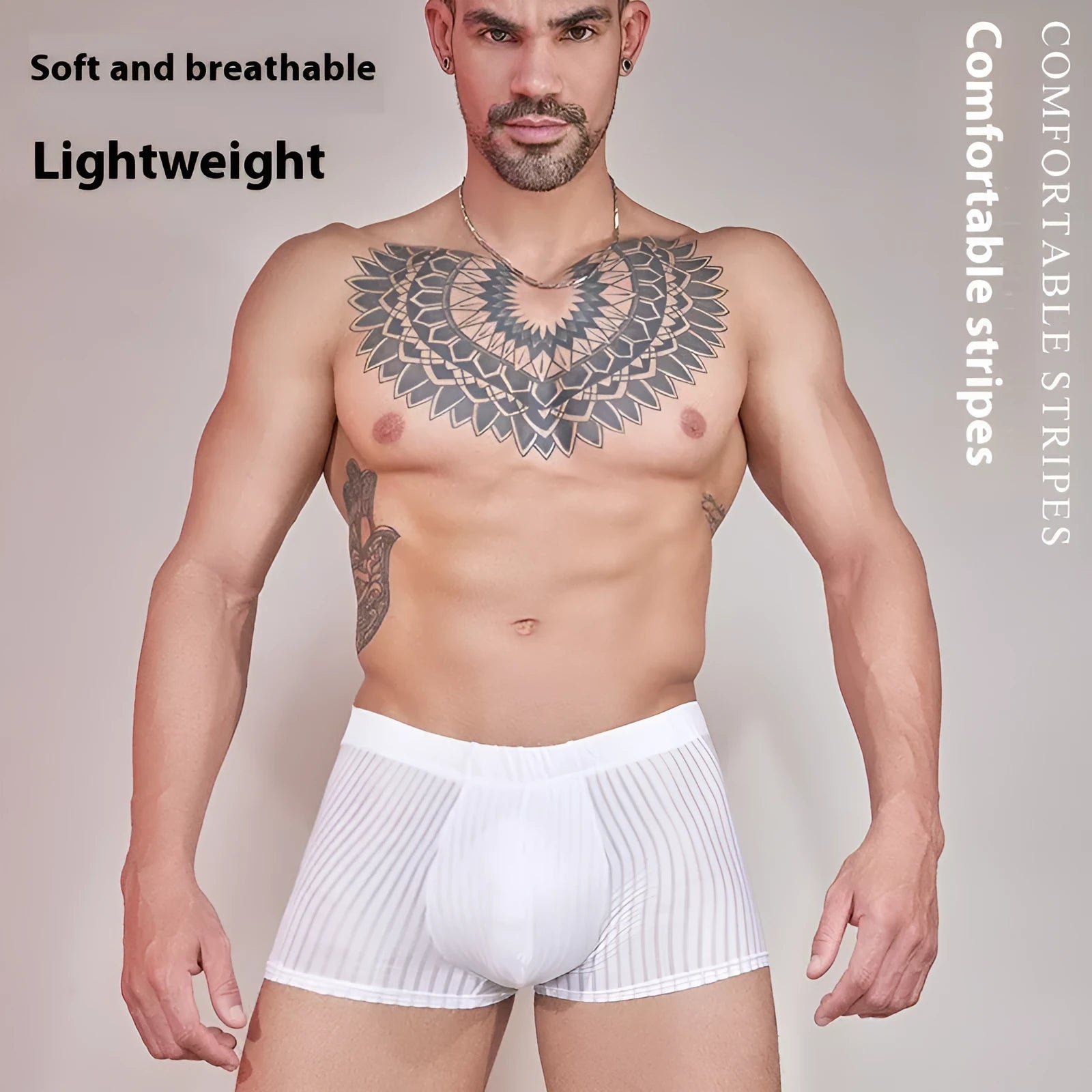 Men's thin striped nylon underwear in black, shown flat.