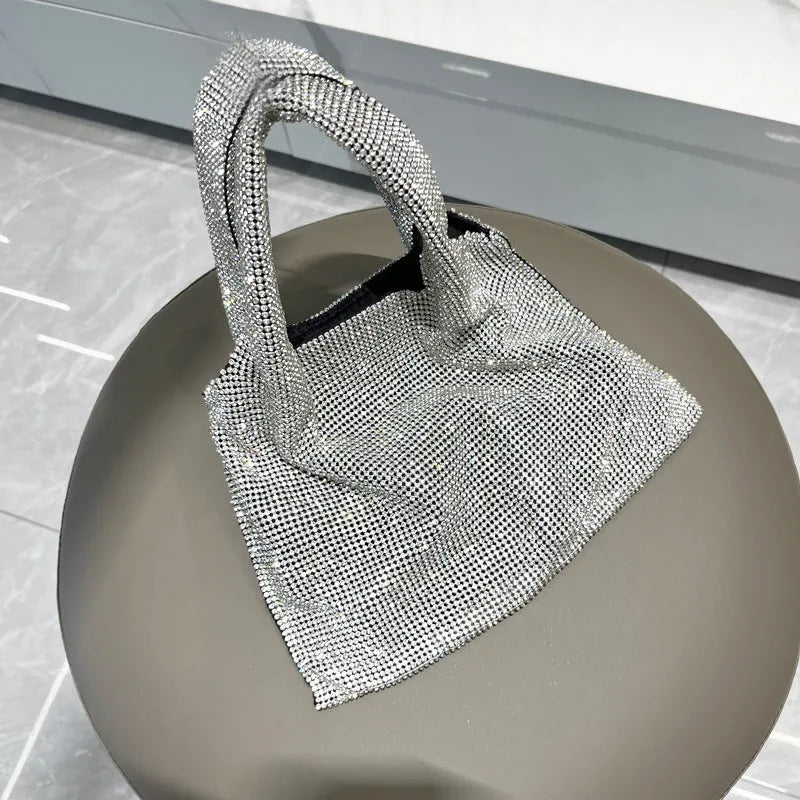 Silver shiny rhinestone dinner bag party handbag for women with open pocket
