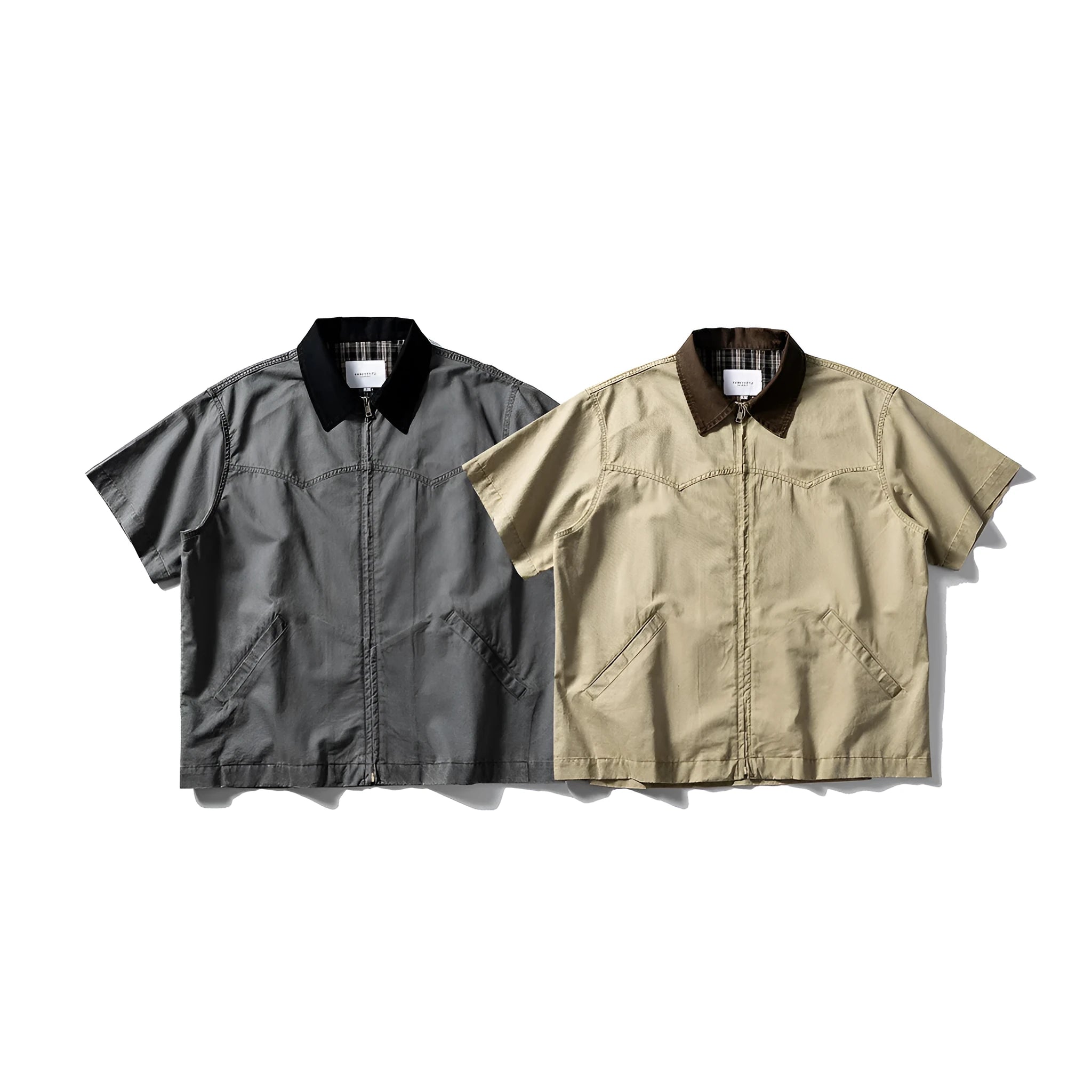Men's washed cotton overall shirt with short sleeves in loose fit cardigan style, shown in khaki colour