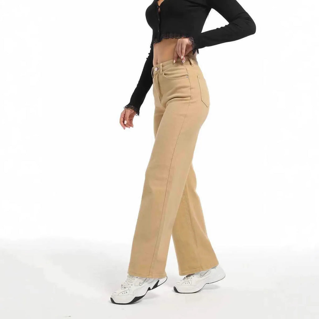 Women's high waist straight leg wide jeans in apricot and khaki colours