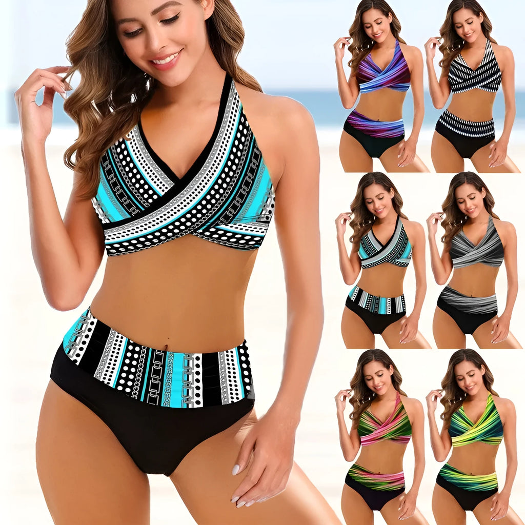 Women's striped tie-dye bikini set with hollow back design in multiple colours