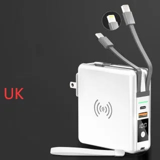 Black and white QI wireless charging power bank with PD20W fast charging and international travel plugs