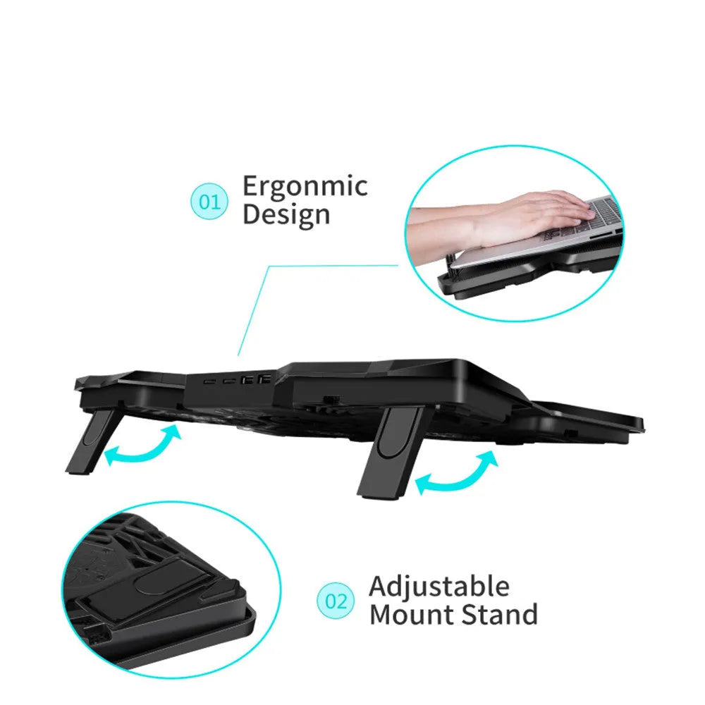 Blue laptop cooling pad with four illuminated LED fans and two USB ports on the front.