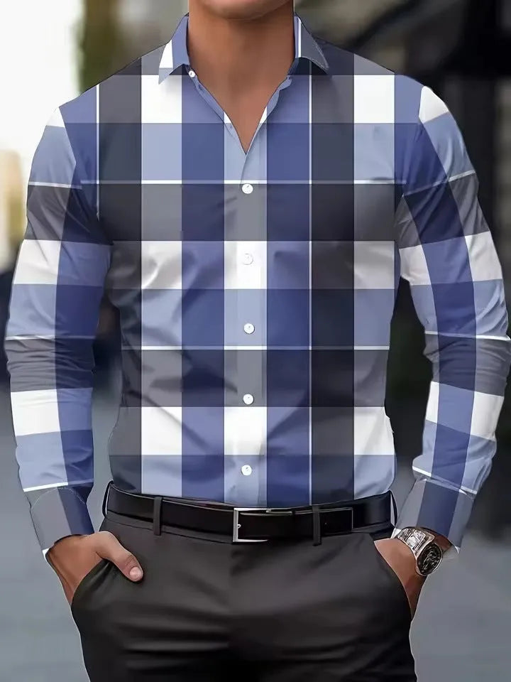Man wearing a striped long sleeve shirt with a button lapel collar, available in multiple colours and sizes.
