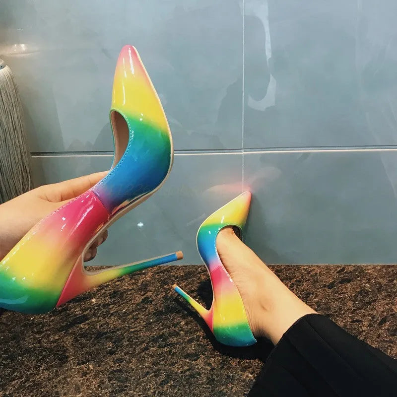 Rainbow patent leather women's high heels with pointed toe and ultra-high thin stiletto heel.
