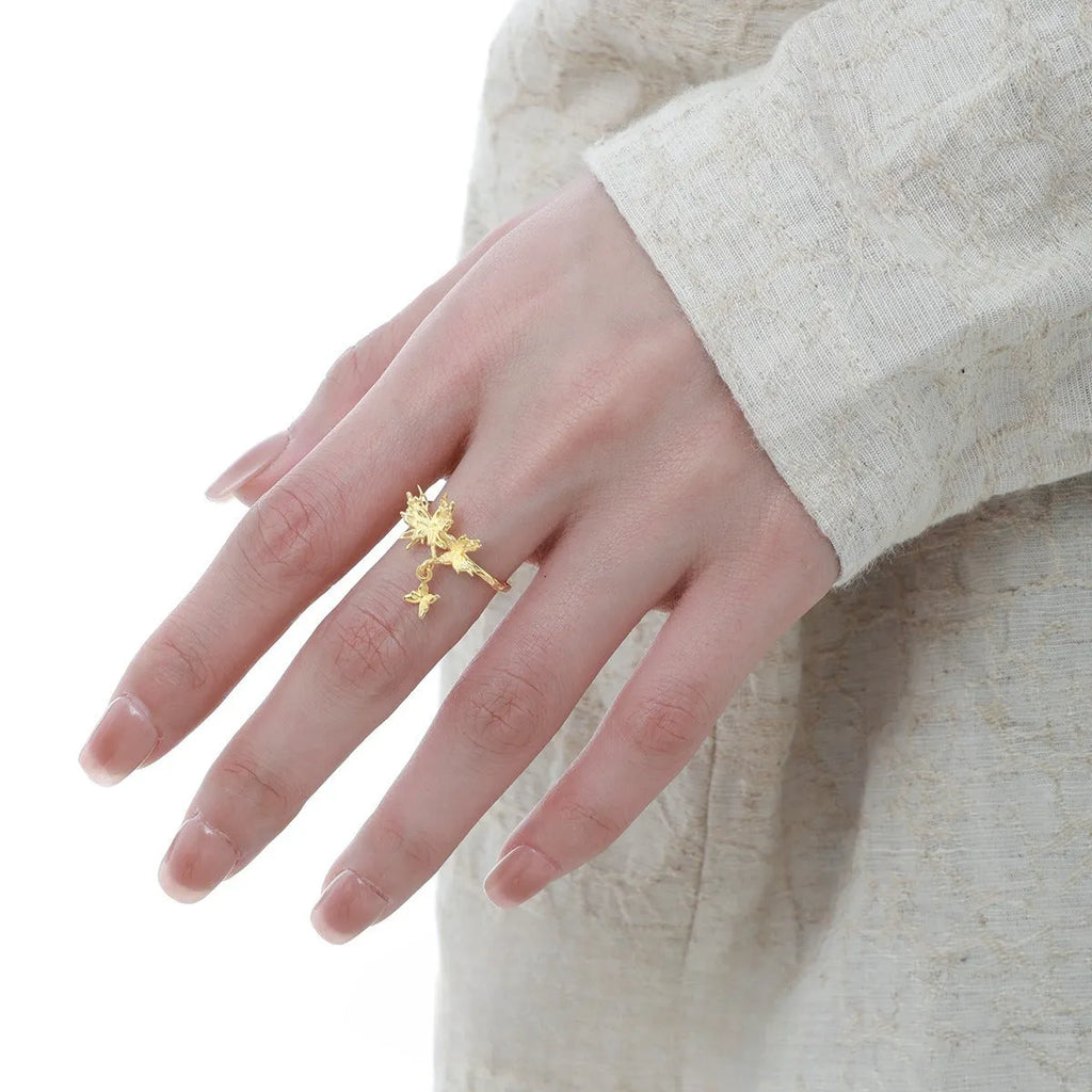 Silver adjustable butterfly ring with electroplated white gold or 18K gold finish