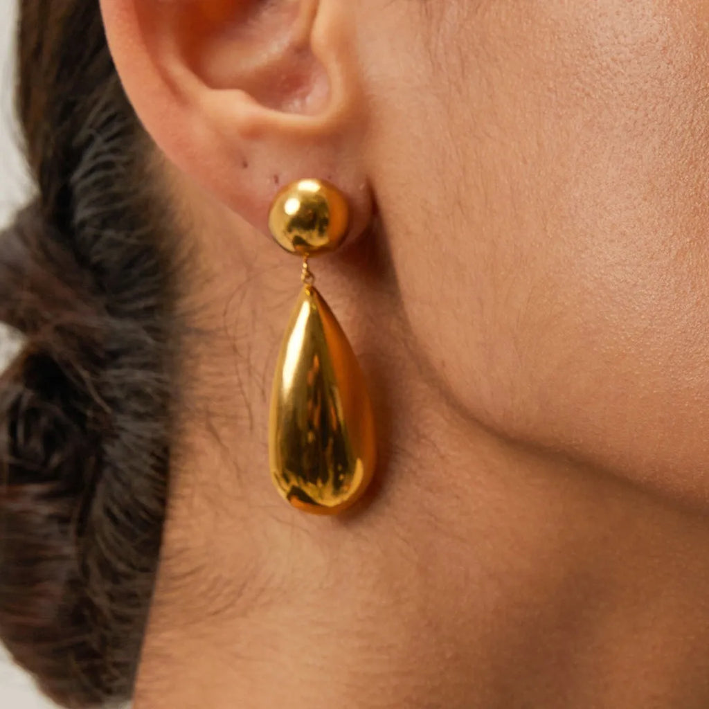 Gold stainless steel water drop pendant earrings with geometric hemisphere design for women