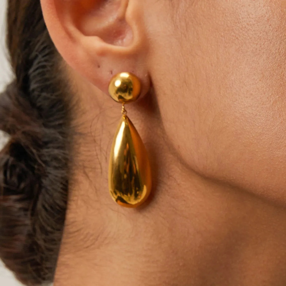 Gold stainless steel water drop pendant earrings with geometric hemisphere design for women