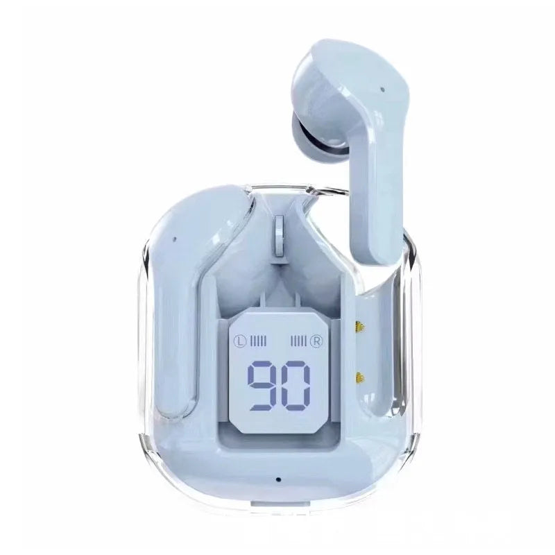 Transparent space capsule Bluetooth headset body with digital display and Jerry chip in black white blue green and peach