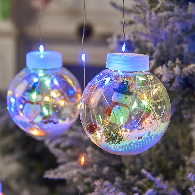 LED Christmas curtain light string with 10 decorative PVC lamp balls showing fairy, snowman, and wishing ball designs.