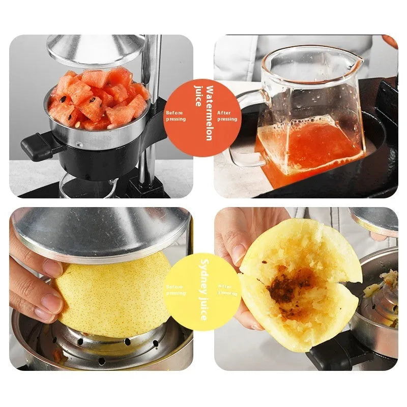 A black cast iron manual citrus juicer with a stainless steel strainer on a kitchen counter.