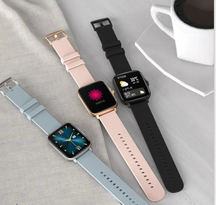 Smart sports watch with 1.7-inch colour touch screen in black, blue, or gold with adjustable strap.