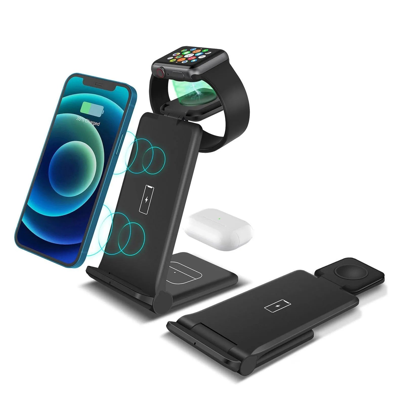 White 3-in-1 wireless charging station holding an iPhone, Apple Watch, and AirPods case.