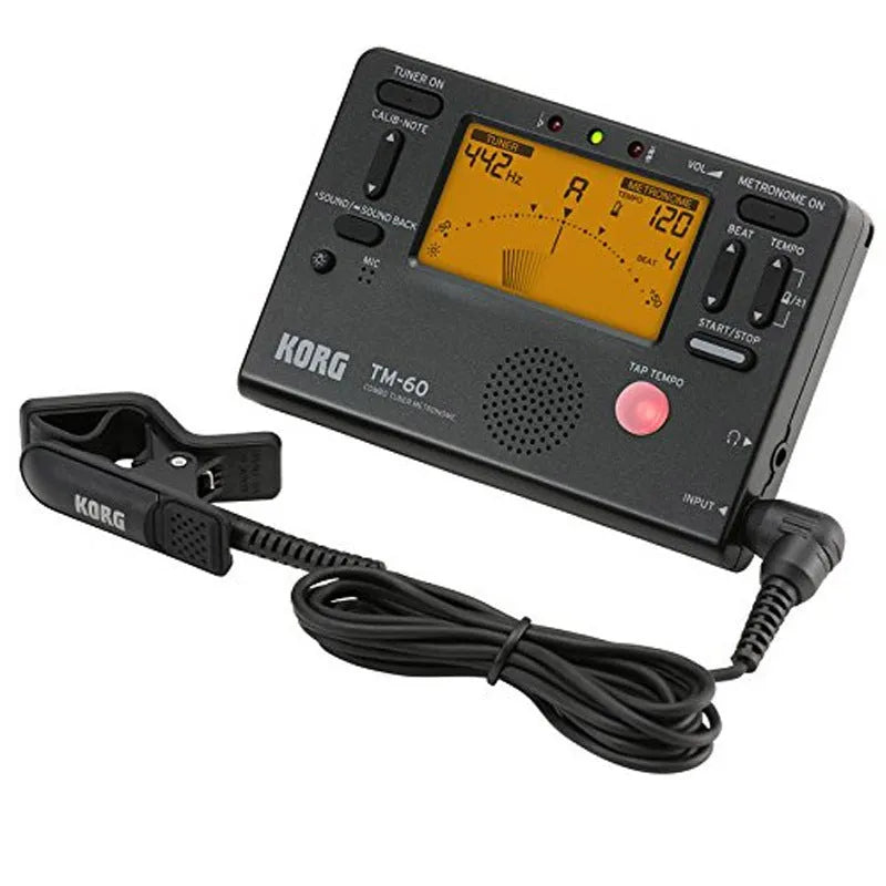 TM-60 black electronic metronome with display and controls for tempo and rhythm selection.