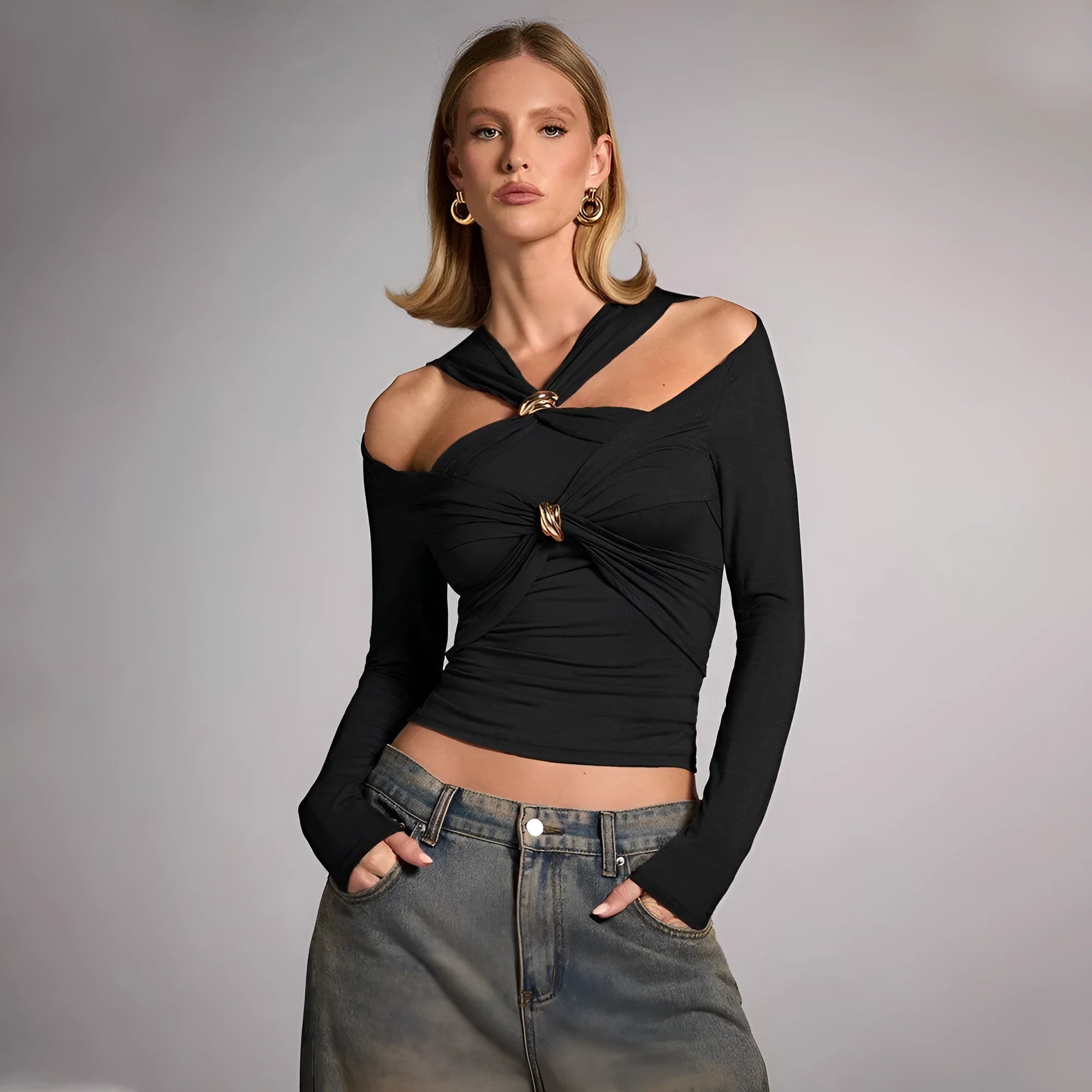 Black women's halter top with shoulder-baring neckline, slim fit, and long sleeves