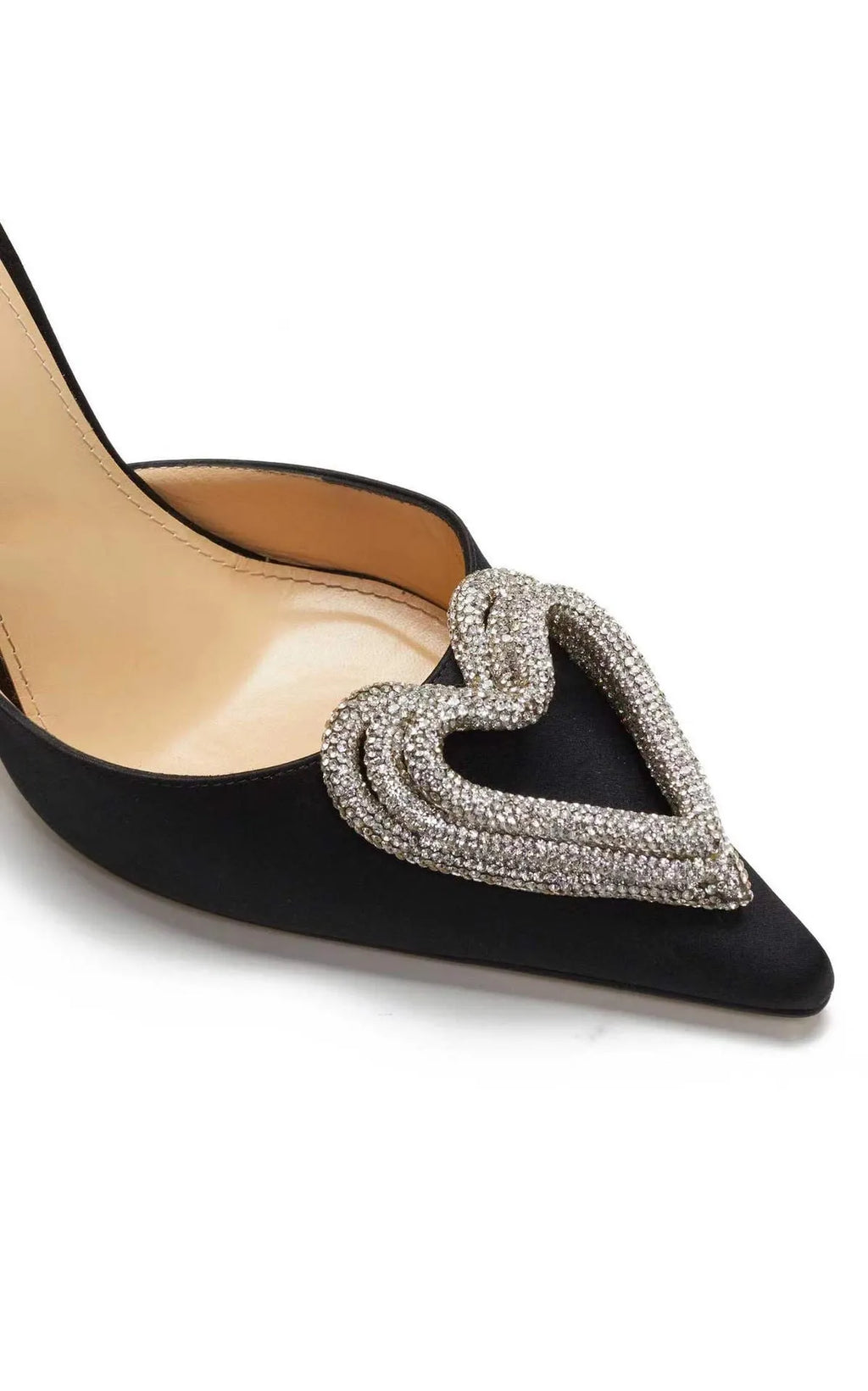 Women's pink satin sandals with heart-shaped rhinestone detail and cross-band straps on a pointed toe.