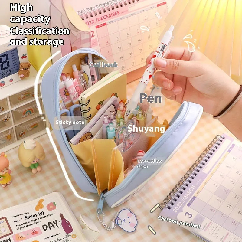 Transparent PVC pencil case with South Korea style cartoon design and large capacity for stationery