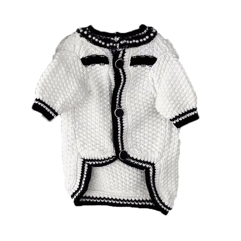 Korean style puppy sweater with pearl collar in classic black and white colours for small dogs