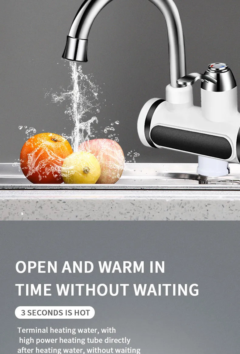 White kitchen electric water heater tap with digital temperature display for instant hot water