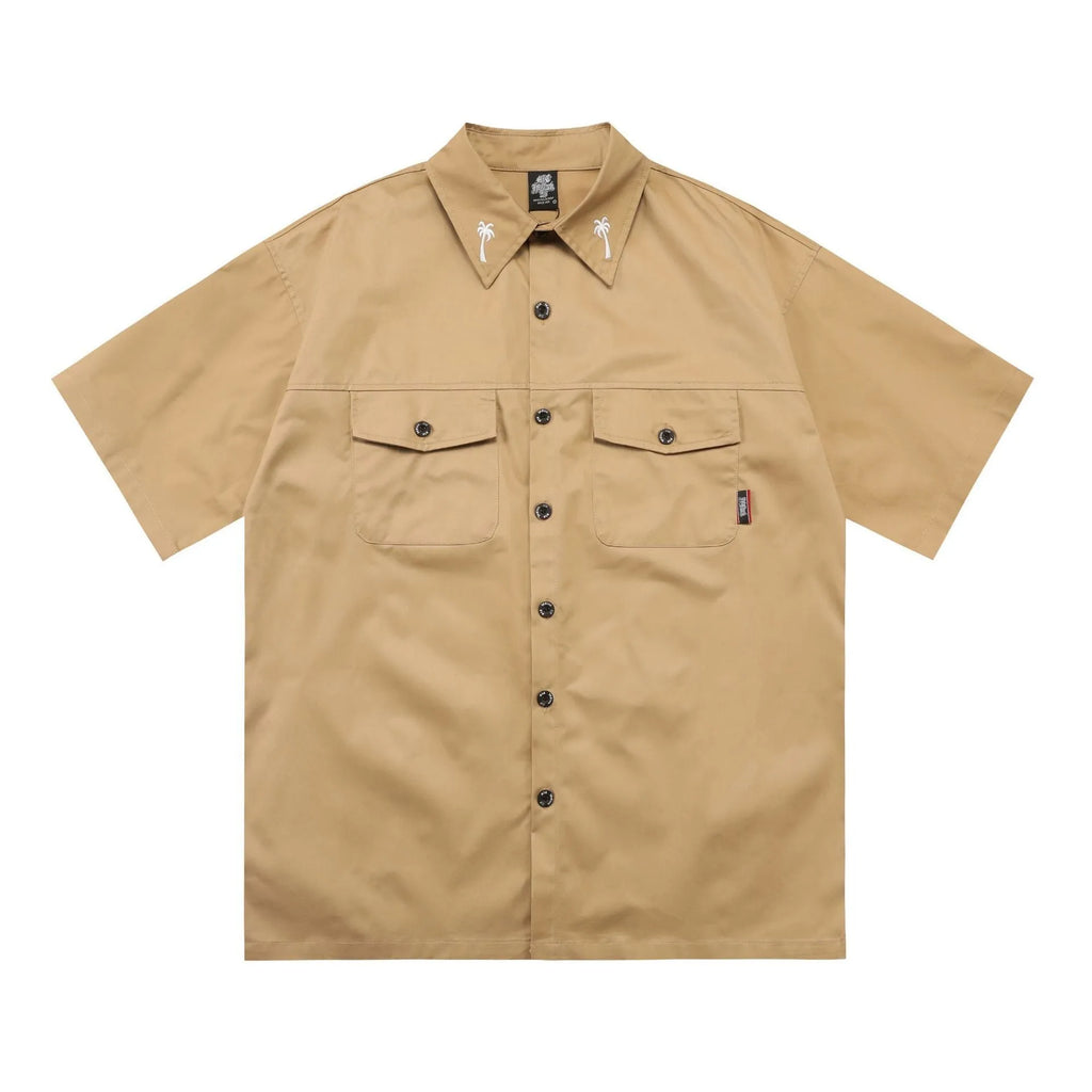 Men's black cotton blend half-sleeve loose fit shirt with embroidery