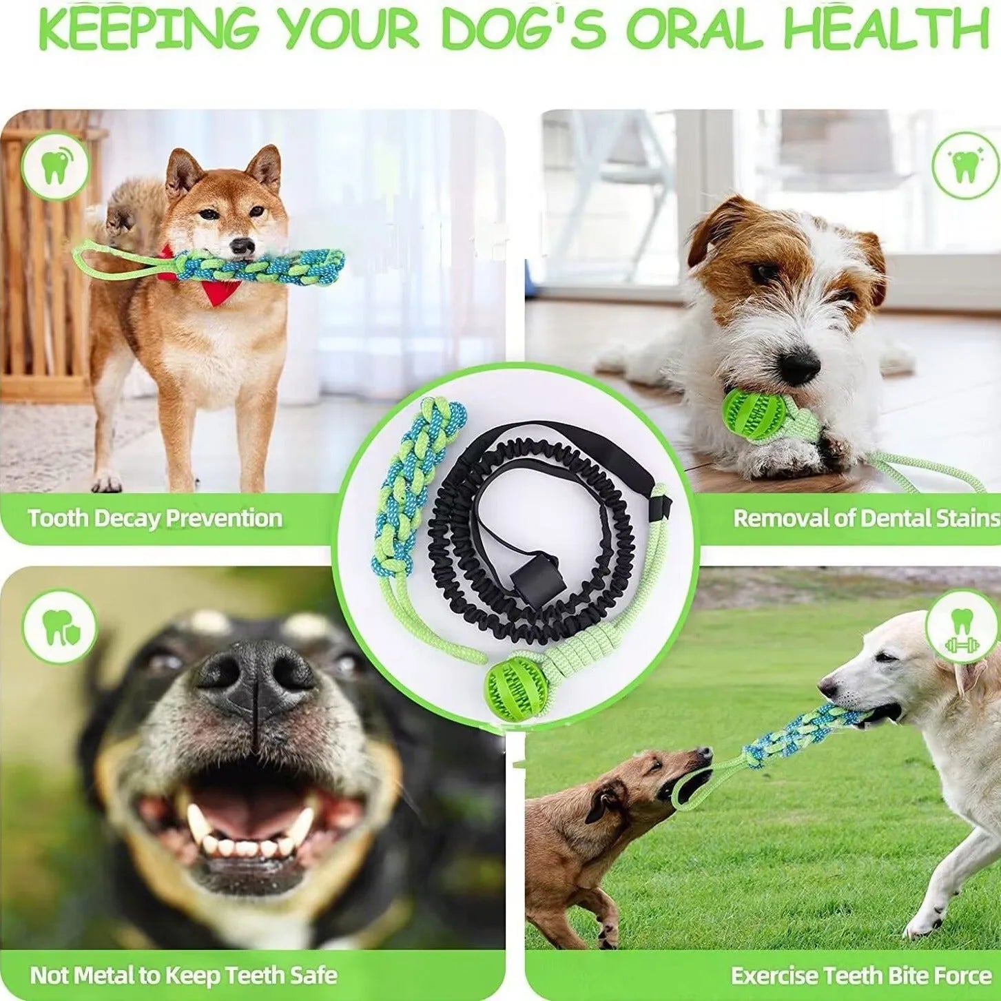 Green cotton rope dog tug toy with ball topper for tug of war games