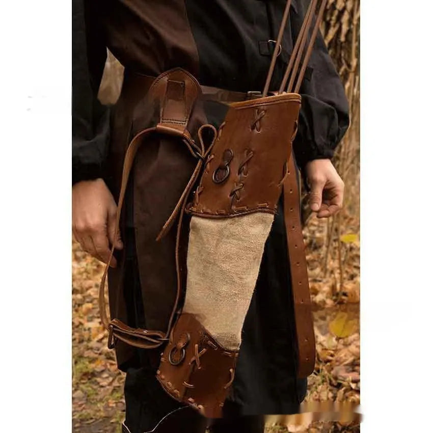 Brown hand-knitted leather quiver bag with lace-up strap for medieval cosplay