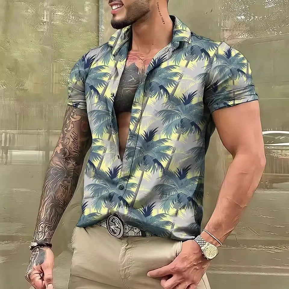 Men's loose-fit short sleeve shirt with a colourful floral pattern, shown in a casual cardigan style.