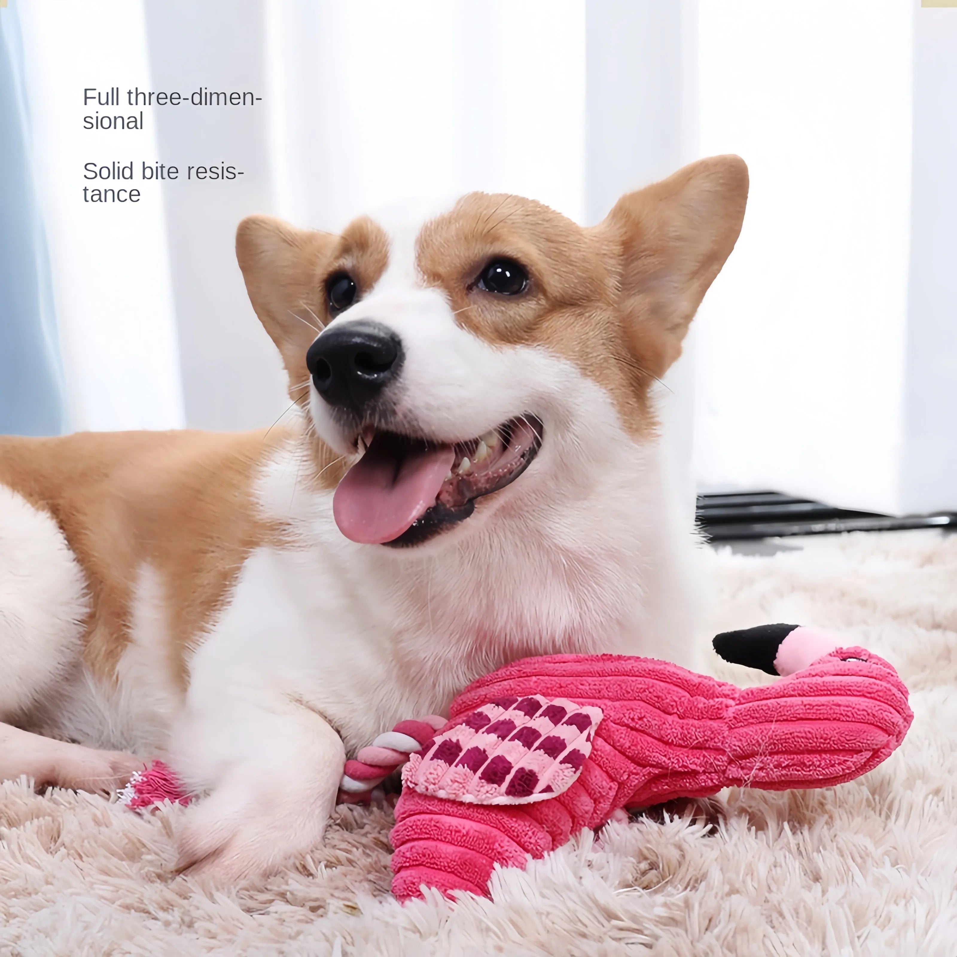Pink corduroy hippo and parrot squeaky plush dog toys on a white background.