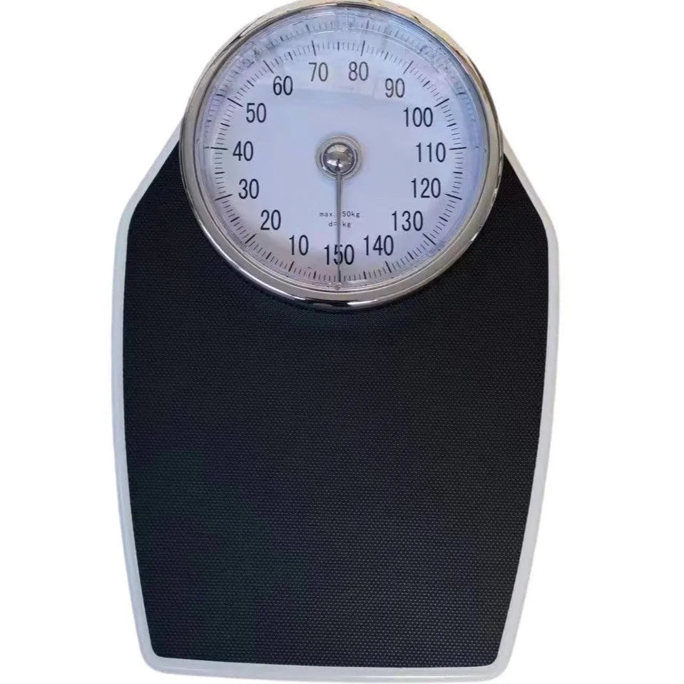 Black mechanical pointer body weight scale with large dial showing 180kg capacity