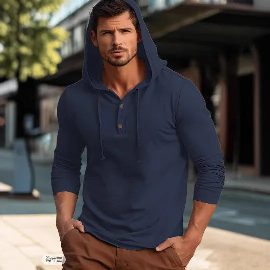 Men's dark blue cotton pullover hoodie with a hood and long sleeves on a hanger.