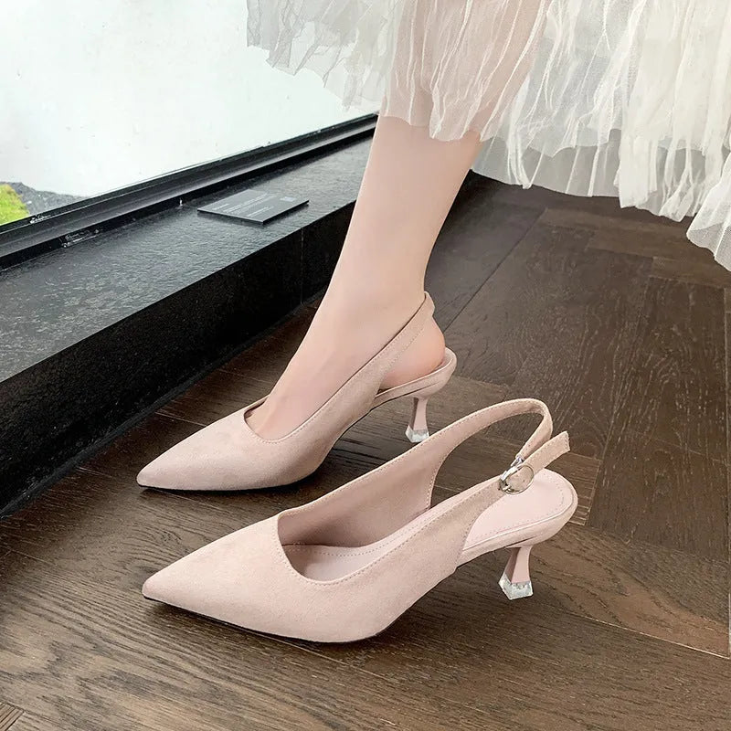 Women's stiletto heels with pointed toe in pink, blue, yellow, and apricot colours