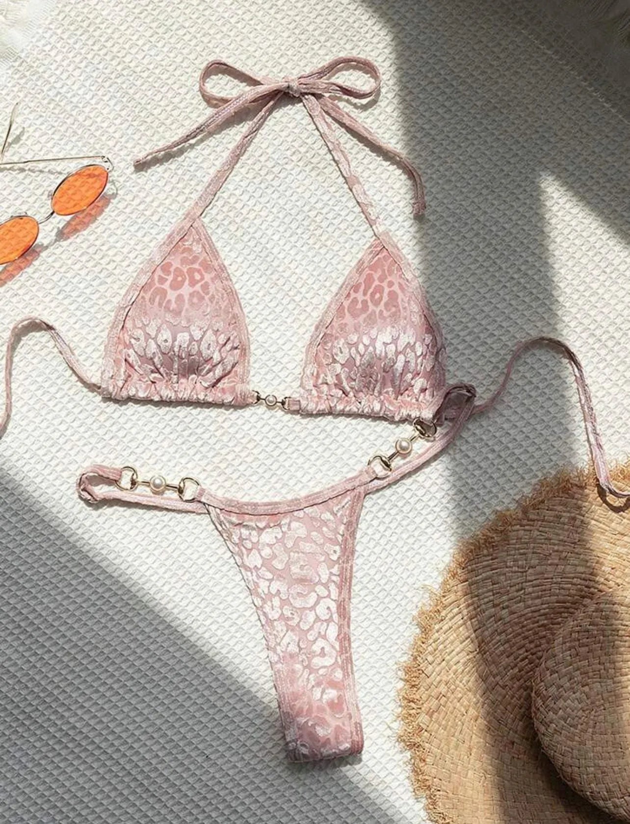 Women's leopard print bikini set with T-back design in multiple colour variations