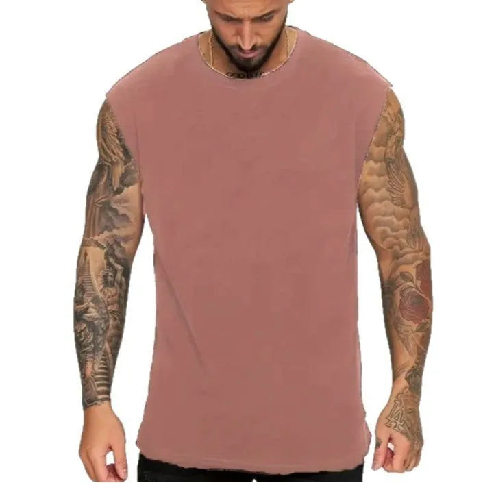 Men's loose solid colour cotton tank top sleeveless t-shirt on a hanger.