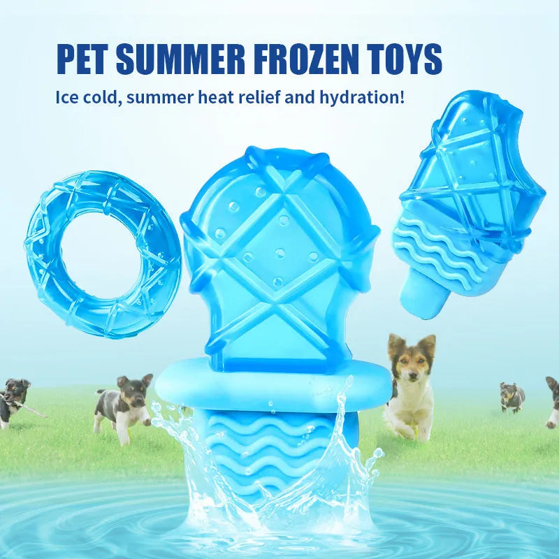 Set of three water-filled ice dog toys: a pacifier, a popsicle, and a ring cooling chew toy
