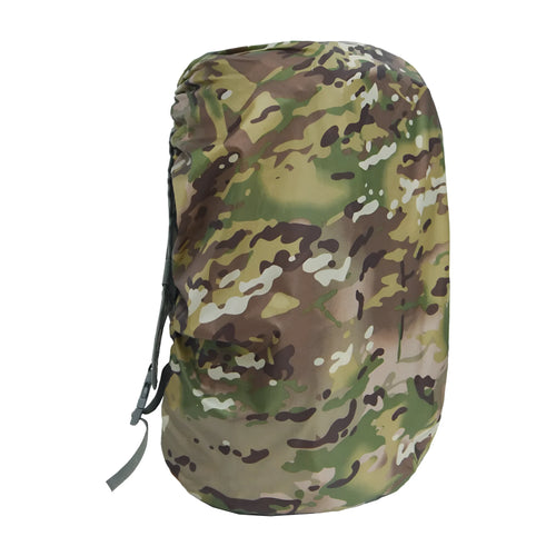 Army green waterproof rain cover fitted over a large 80-litre hiking backpack outdoors.