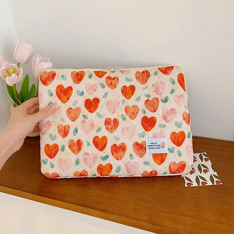 Flower print cloth laptop bag in green floral pattern showing three size options for laptop protection