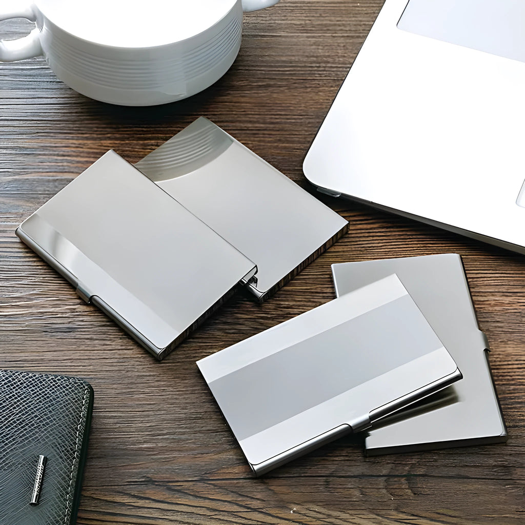 304 stainless steel business card case with geometric laser sculpture, measuring 92.5mm long