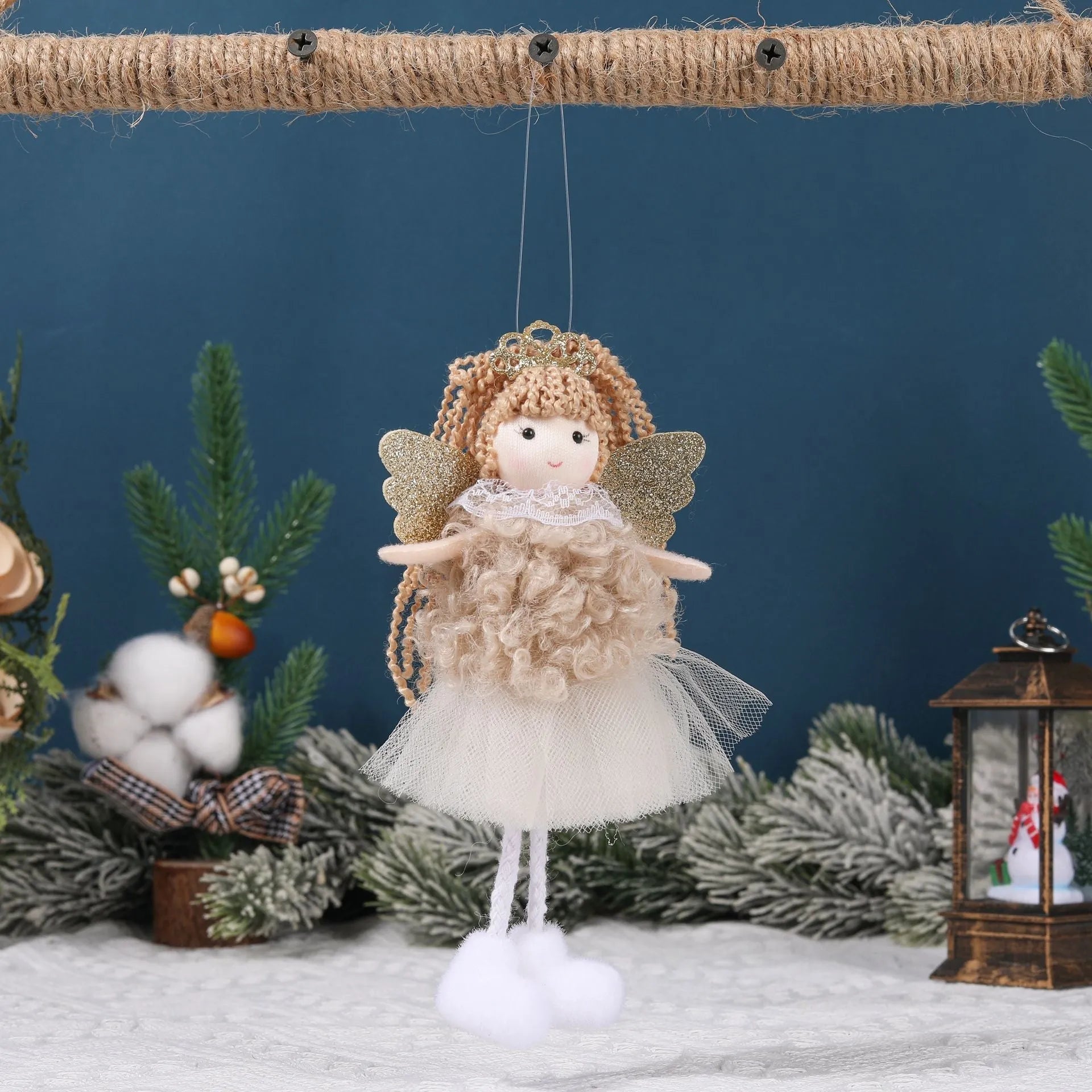 Christmas angel girl cloth pendant with high ponytail and crown in white pink or khaki