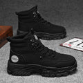 Men's black and yellow artificial PU Martin boots with a mid-height heel and injection moulded sole.