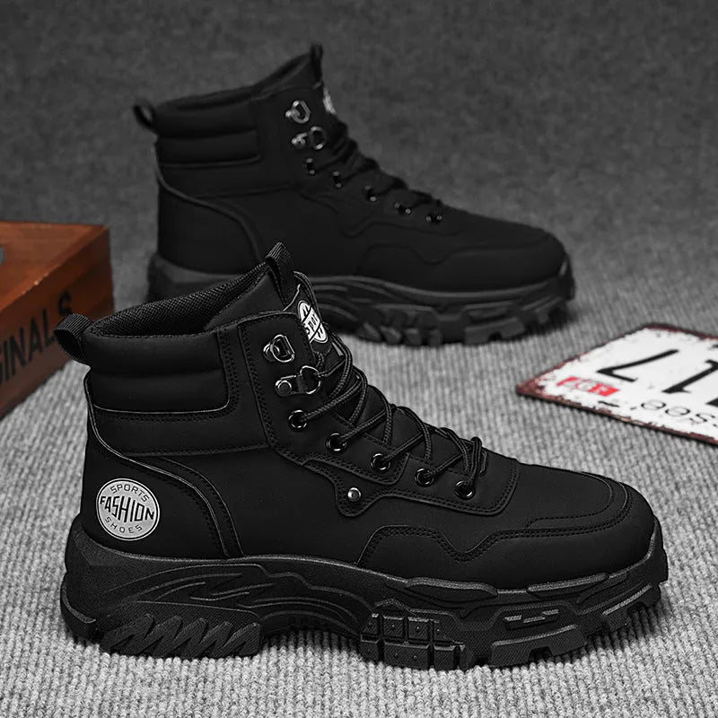Men's black and yellow artificial PU Martin boots with a mid-height heel and injection moulded sole.