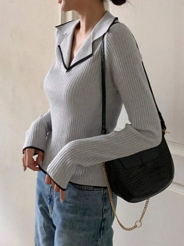 V-neck hemmed pullover sweater in solid colour with vertical stripe pattern, women's slim fit long sleeve top