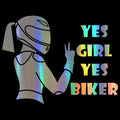 Waterproof riding girl character car sticker on PET film, 16cm wide by 15cm high.