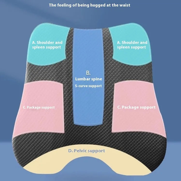 Grey lumbar support pillow for office chair measuring 40cm by 40cm.