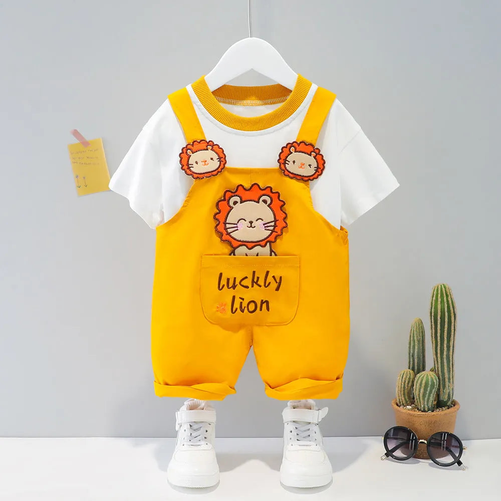 Yellow children's cotton short-sleeved overalls with cartoon print and detachable straps.