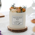 Dried flowers decorative scented candle with approximately 330g content showing fragrance options including lavender and vanilla