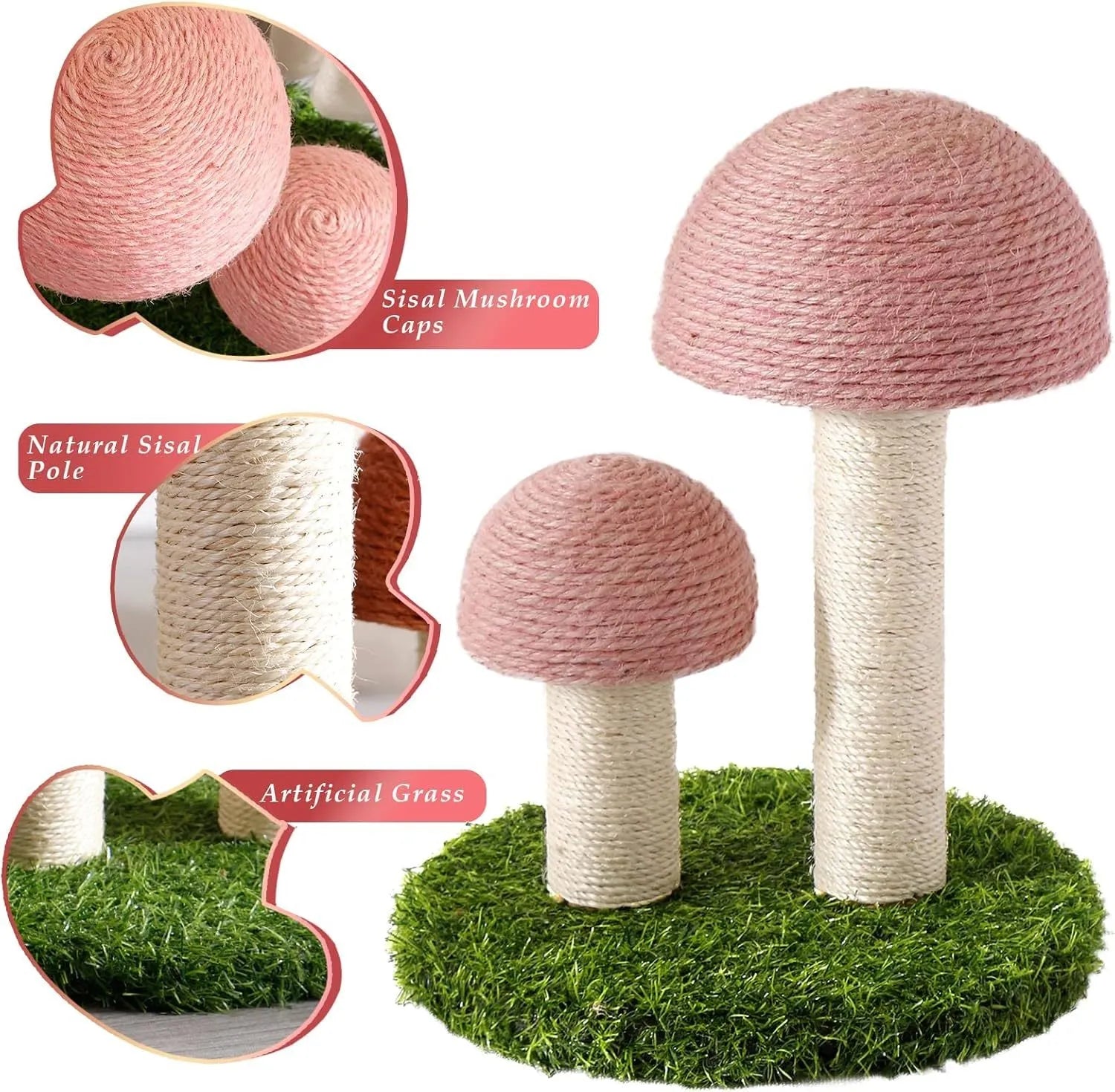 Pink mushroom-shaped cat scratching post with natural sisal fabric on mushroom cap and pole
