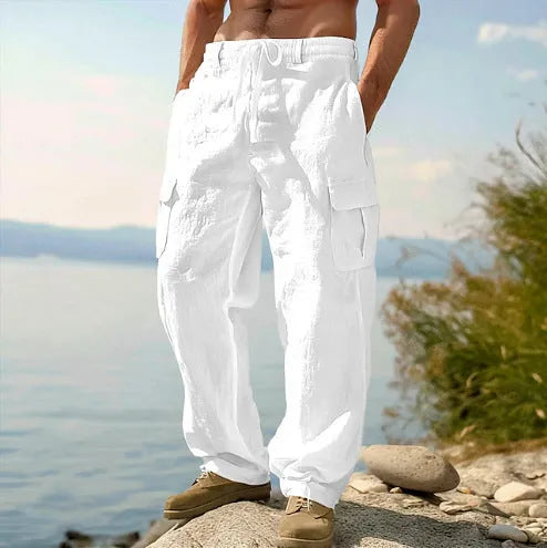 Men's loose thin cotton trousers with wide-leg design in various solid colours
