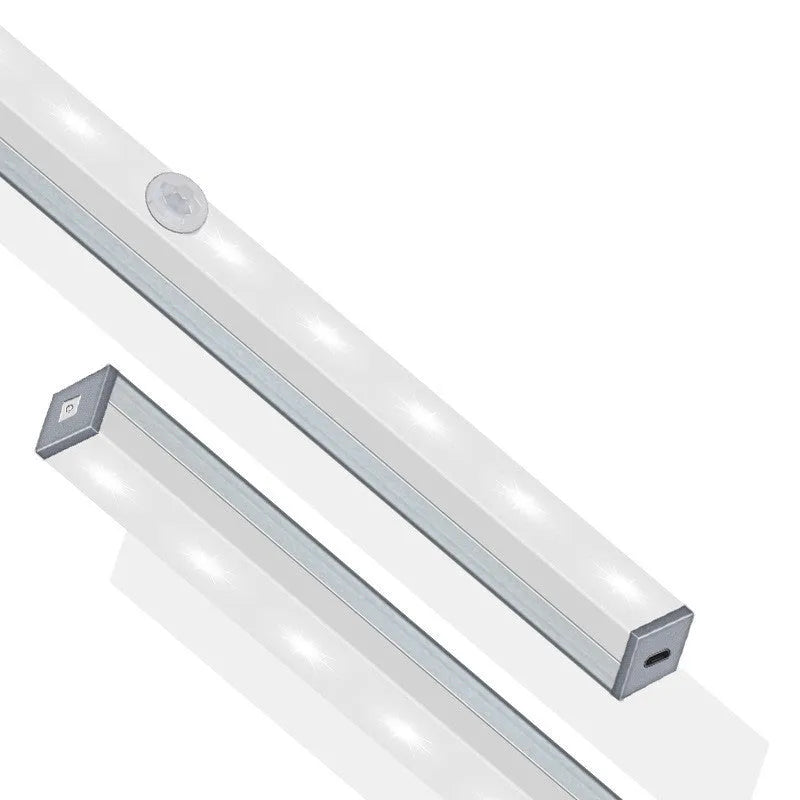 Aluminium USB rechargeable LED light with magnetic back for wardrobes in white or warm white.