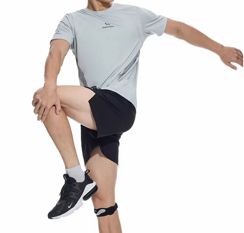 Black and blue four-point stretch running shorts with laser-punched stitching for training.