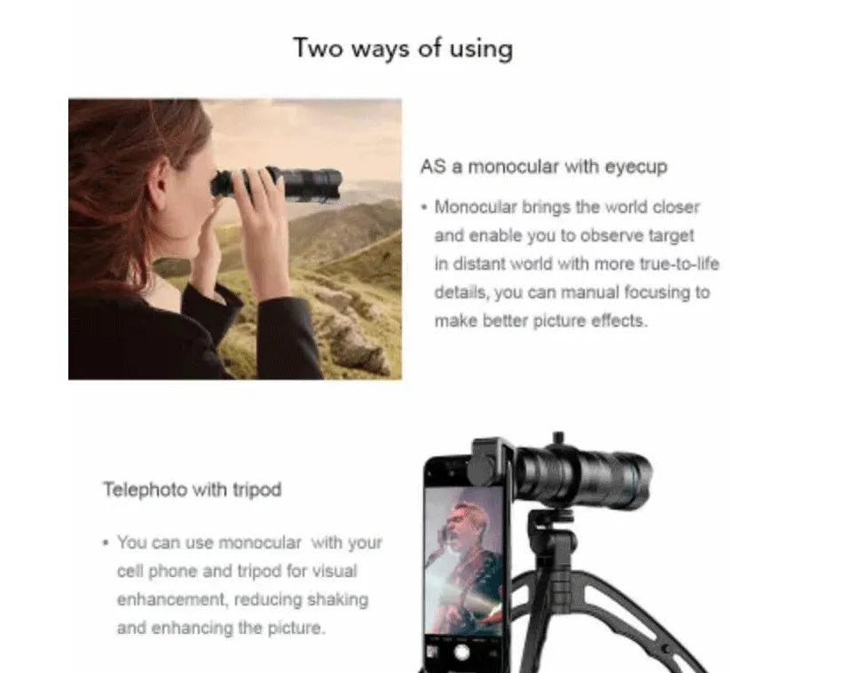 Black 36x optical zoom monocular lens attached to smartphone on adjustable tripod for outdoor photography